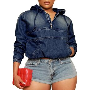 Women's Plus Size Half Zip Denim Hoodie Sweatshirt Pullover Jacket Jean Tops with Pockets