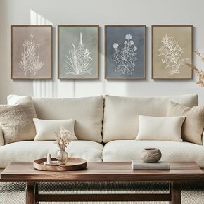 Boho مؤطرة الجدران النباتية فن لغرفة المعيشة ، مجموعة من 4 لوحات قماشية زهرة ريفية الأعمال الفنية للجدران ، خمر المطبوعات المحايدة الأزهار للمراقب غرفة نوم غرفة طعام الحمام الحمام
