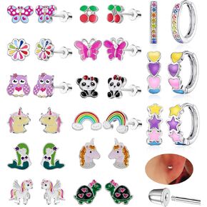 15 Pairs Stud Earrings Set :12 Pairs Unique Cartoon Flat Back Earrings & 3 Pairs Mini Hoops with Stainless Steel Posts and Screwback Earring