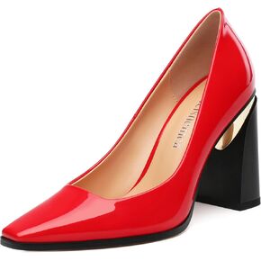 Womens High Heels,Patent Closed Square Toe Slip on Chunky Block Pumps,Elegant Heels,Daily Wedding Party Dress Shoes 3.5IN