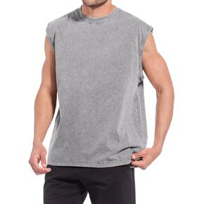 Sleeveless Muscle Cut Off Shirts for Men Gym Workout Running Beach Tank Tops Acid Wash Cotton Tshirt Loose Fit Tees