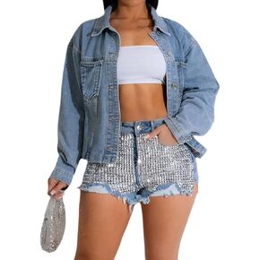 Women's Cropped Denim Jackets Distressed Long Sleeve Basic Button Down Jean Jacket
