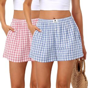 Bonuci 2 Pack Women Boxer Shorts Cotton Y2k Plaid Lounge Sleep Gingham Pj Summer Casual Pajama Y2k Beach Bottoms with Pockets