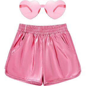 Girls Metallic Shorts Sparkly Hot Festaval Outfit with Hear-Shaped Same Color Sunglasses