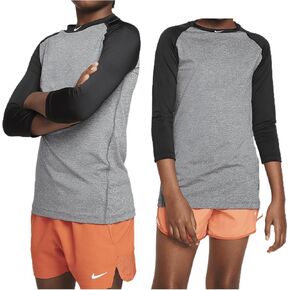 Nike Pro Big Kids' Dri-FIT 3/4-Sleeve Top (Black/Dark Grey Heather/White, HF4360-010)