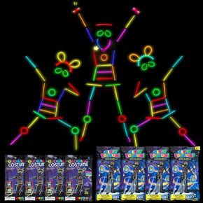 Lewtemi 8 Set Glow Stick Figure Costume, 612 Pcs Light up Stick Figure Costume, Glow in the Dark Outfits, Include Eyeglasses, Earring, Rings, Badge for Halloween Birthday Party Supplies