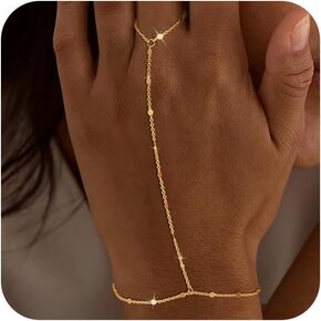 Moodear Dainty Gold Ring Hand Chain Bracelet - Trendy 14K Gold Plated Bead Satellite Cross CZ Hand Link Chain Bracelets for Women Simple Jewelry Gift