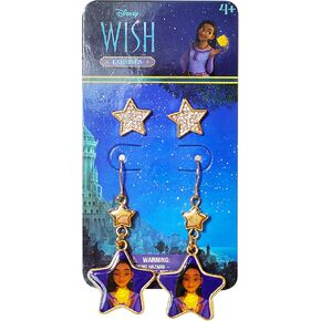 Disney Jewelry: 2 Disney Wish Hypoallergenic Earrings for Girls (1 Star Stud Earrings & 1 Fishhook Drop) Earring Sets with Charms One Size Fits All Girls Earrings, Disney Accessories for Girls Ages 4+