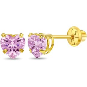 14k Yellow Gold 5mm Heart Cubic Zirconia Screw Backs Earrings for Young Girls - Quality Heart Safety Screw Back Earrings for Babies, Toddlers, & Little Girls - Small Heart CZ Girls Earrings