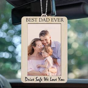 Fathers Day Birthday Gifts from Daughter Son Personalized Dad Gifts Wooden Car Hanging Picture Frame Photo Holder Rear View Mirror Accessories Decor Father's Day Birthday Christmas Gift Ideas for Dads