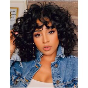 Curly Wig for Black Women Full and Soft Short Curly Wig with Bangs Afro Loose Curls Afro Kinky Wigs for African Black Women (Yellow)