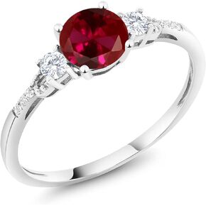 Gem Stone King 10K White Gold Red Created Ruby White Created Sapphire and White Diamond Accent 3-Stone Engagement Ring For Women (1.14 Cttw, Round 6MM, Gemstone July Birthstone)