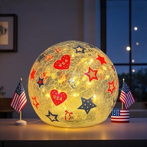4th of July Decorations - 4 inchs Patriotic Star Globe Night Light with Timer, Independence Day Star Crackle Glass Balls for Table Memorial Day Lighted Decorative Ball Lamp Tabletop LED Light Decor