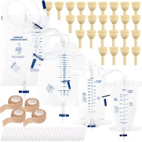 External Latex Condom Catheters for Men, Male External Catheter for Day and Night Use, 26 Soft Condoms, 750ml and 1000ml Leg Bags, 1500ml and 2000ml Urine Bags, 4 Rolls of Tape (25mm)