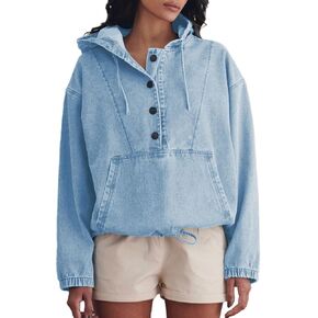 Women's Denim Hoodie Button Down Pullover Jacket Jean Sweatshirt Tops