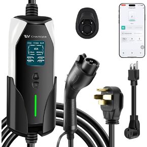 Portable Level 1&2 EV Charger, 40A 100-240V 25FT J1772 Charger, Portable EV Charging with NEMA 14-50 Plug and NEMA 5-15 Adapter, Adjustable Current, Delay Timer, App Control