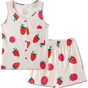 Vopmocld Girls Button Down Pajama Sets Sleeveless Tank Top with Shorts for Teen Girls Summer Casual Clothes Loungewear