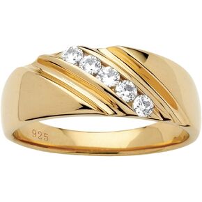 Men's 18K Yellow Gold over Sterling Silver Round Cubic Zirconia Diagonal Wedding Band Ring