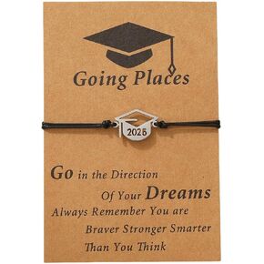 Handmade Graduation Hat 2025 Engraved Wrap Bracelet for Women Men Adjustable Black Braided String Bangle Bracelets Polished Stainless Steel PHD Master College High School Graduation Gifts With Inspirational Card