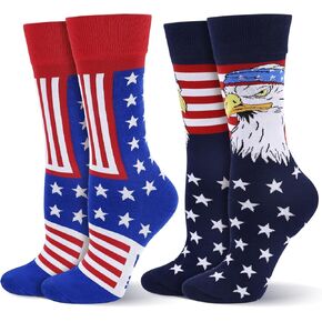 2 Pairs 4th Of July American Flag Socks Men Women, Funny Patriotic Red White and Blue Star Stripe USA Eagle Crew Socks for Freedom Independence Day Gifts