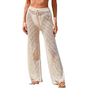 Womens Crochet Knit Elastic Waist Swimsuit Coverup Summer 2025 Striped Beach Bathing Suit Cover Up Pants