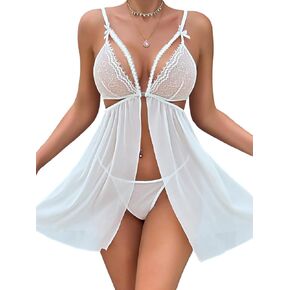 Lace Babydoll Lingerie,Strappy Mesh Sheer Nightgowns For Women,Sexy Sleepwear Sets Bridal Bride Honeymoon Wedding