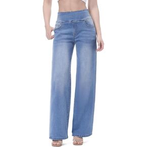 Pull on Wide Leg Jeans for Women, High Waisted Stretchy Baggy Trendy Tummy Control Straight Leg Jeans Denim Pants