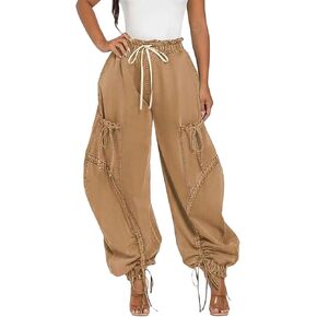 Denim Joggers for Women High Waist Drawstring Loose Wide Leg Oversize Pants with Tie Bow Pockets