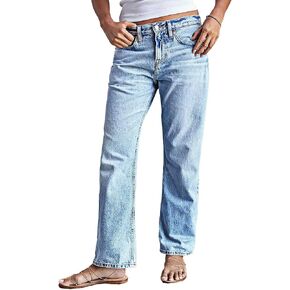Flamingals Women’s Mid Waist Wash Stretchy Straight Leg Jeans Stylish Hem Design Casual Long Denim Pants