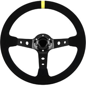 13.6" Universal Grip Suede Deep Dish 6 Bolts Gaming Racing Steering Wheel leather with Horn Button for Race/Rally/Motorsport/Car Sim Driving-With yellow positioning line