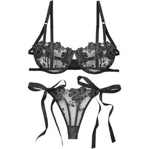 SEAUR Women's Sexy Floral Lace Lingerie Set Sheer Embroidered Mesh Bra and Panty