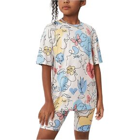 Floerns Girl's Summer 2 Piece Outfits Graphic Print Drop Shoulder Tee Top and Biker Shorts Kids Fashion Clothing Sets