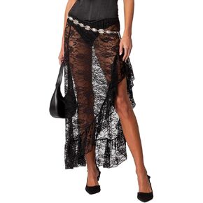 ICNGLKSND Women Lace Mesh Ruffle Midi Skirt High Low Asymmetrical See Through Cover Up Long Skirt Low Rise Slip Y2K Skirt