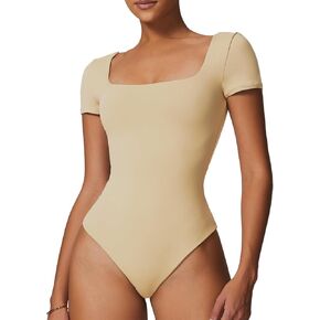 Women's Square Neck Double Lined Bodysuit T-Shirt Short Sleeve Fitted Basic Bodysuit Tops