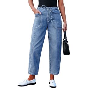 luvamia Barrel Jeans Women Trendy High Waisted Pull On Drawstring Elastic Waist Stretchy Denim Pants with Utility Pocket