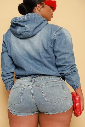 Women's Plus Size Half Zip Denim Hoodie Sweatshirt Pullover Jacket Jean Tops with Pockets in Kuwait