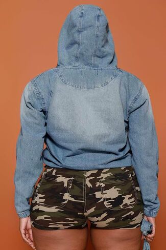 Women's Plus Size Half Zip Denim Hoodie Sweatshirt Pullover Jacket Jean Tops with Pockets in Kuwait