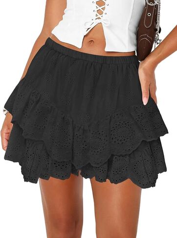 Women's Mini Skirts for Women High Waist Ruffle Skirt Smock Eyelet Solid A Line Summer Party Beach Short Skort in Kuwait