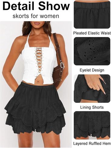 Women's Mini Skirts for Women High Waist Ruffle Skirt Smock Eyelet Solid A Line Summer Party Beach Short Skort in Kuwait