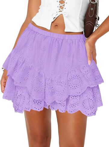 التنانير المصغرة للسيدات للنساء عالي الخصر تنورة الكشكش Smock Sloyelet Solid A Line Summer Party Beach Skort in Kuwait