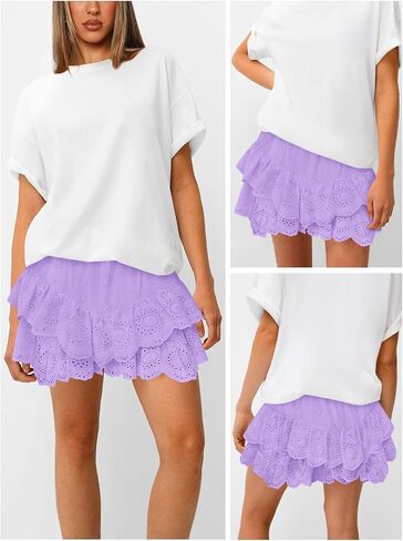 التنانير المصغرة للسيدات للنساء عالي الخصر تنورة الكشكش Smock Sloyelet Solid A Line Summer Party Beach Skort in Kuwait