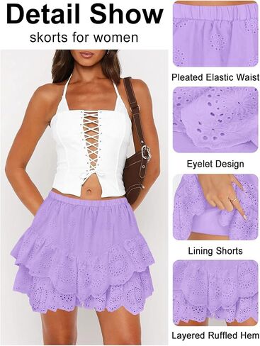 التنانير المصغرة للسيدات للنساء عالي الخصر تنورة الكشكش Smock Sloyelet Solid A Line Summer Party Beach Skort in Kuwait