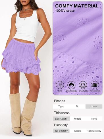 التنانير المصغرة للسيدات للنساء عالي الخصر تنورة الكشكش Smock Sloyelet Solid A Line Summer Party Beach Skort in Kuwait