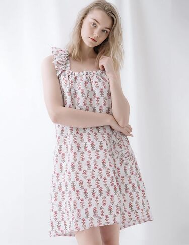 Flygo Nightgowns for Women Ruffle Sleeveless House Dresses Floral Print Sleep Dress Nightdress Sleepwear with Pockets in Saudi Arabia