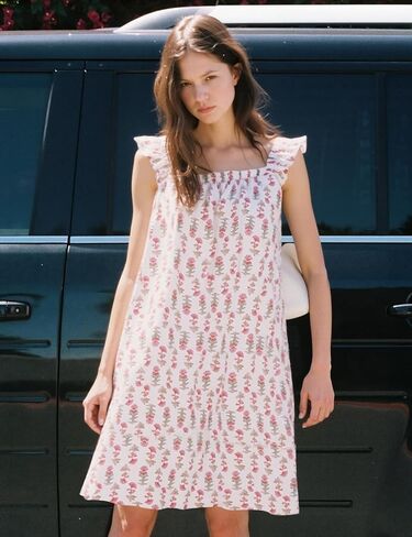 Flygo Nightgowns for Women Ruffle Sleeveless House Dresses Floral Print Sleep Dress Nightdress Sleepwear with Pockets in Saudi Arabia