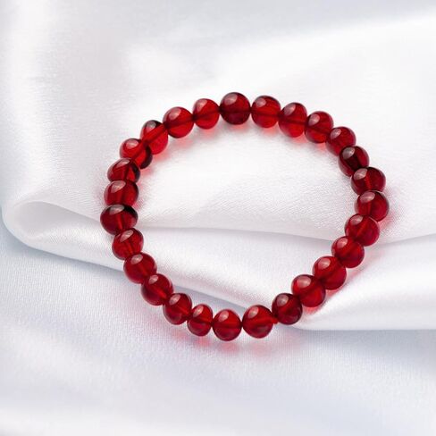 Amber by Mazukna - Red Amber Bracelet for Adults 6.7" - Polished Cube Beads on Stretchable Elastic Band - Handmade Gemstone Jewelry - Garnet Color in Saudi Arabia