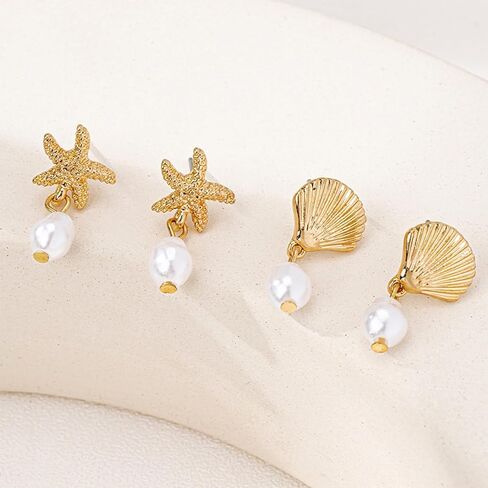 Starfish Shell Earrings Beach Jewelry for Women Lightweight Elegant Pearl Drop SeaShell Beach Earrings with Nautical Charm for Summer Vacations Coastal Accessories in Saudi Arabia