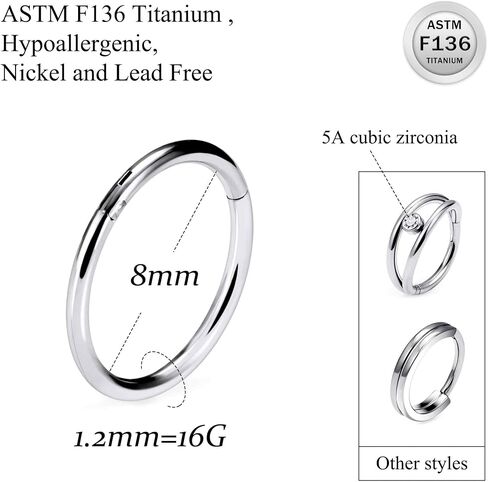 Ruifan 20g 18g 16g Titanium Rings Rings Hoops for Women Houps Double Flicker مفصلية الحاجز الأنف الحلقي الشفة الحلزونية الغضروف الطارئ قرط القرط الدؤوب المخروطية للمجوهرات الثقب للنساء 8 مم in Saudi Arabia