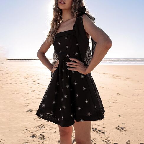 Women Tie Shoulder Mini Dress Floral Ruffle Babydoll Dress Boho Square Neck Sundress Cute Summer Dresses in Saudi Arabia