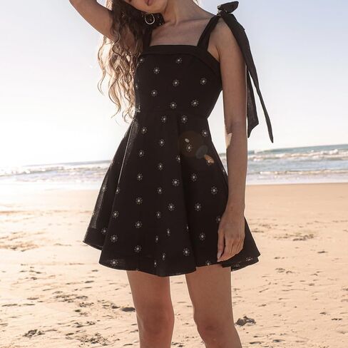 Women Tie Shoulder Mini Dress Floral Ruffle Babydoll Dress Boho Square Neck Sundress Cute Summer Dresses in Saudi Arabia